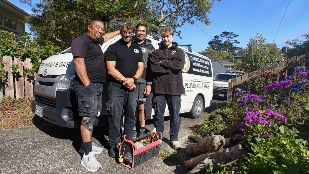 4CET-Plumbing-and-Gas-team Meet the team from 4CET Plumbing & Gas; Jim, Tamaiti (owner), Ryan and Arquete